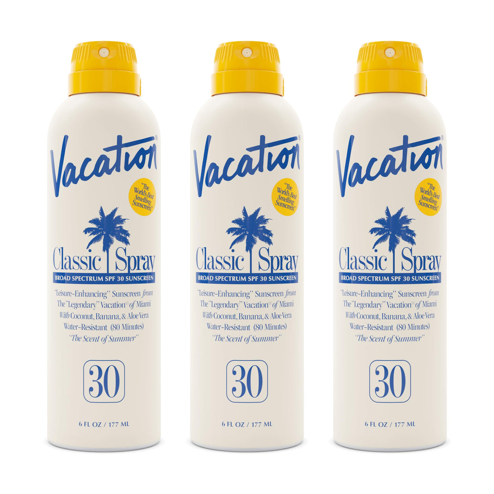 VACATION Classic Sunscreen Spray bottle front with transparent finish for all skin tones.