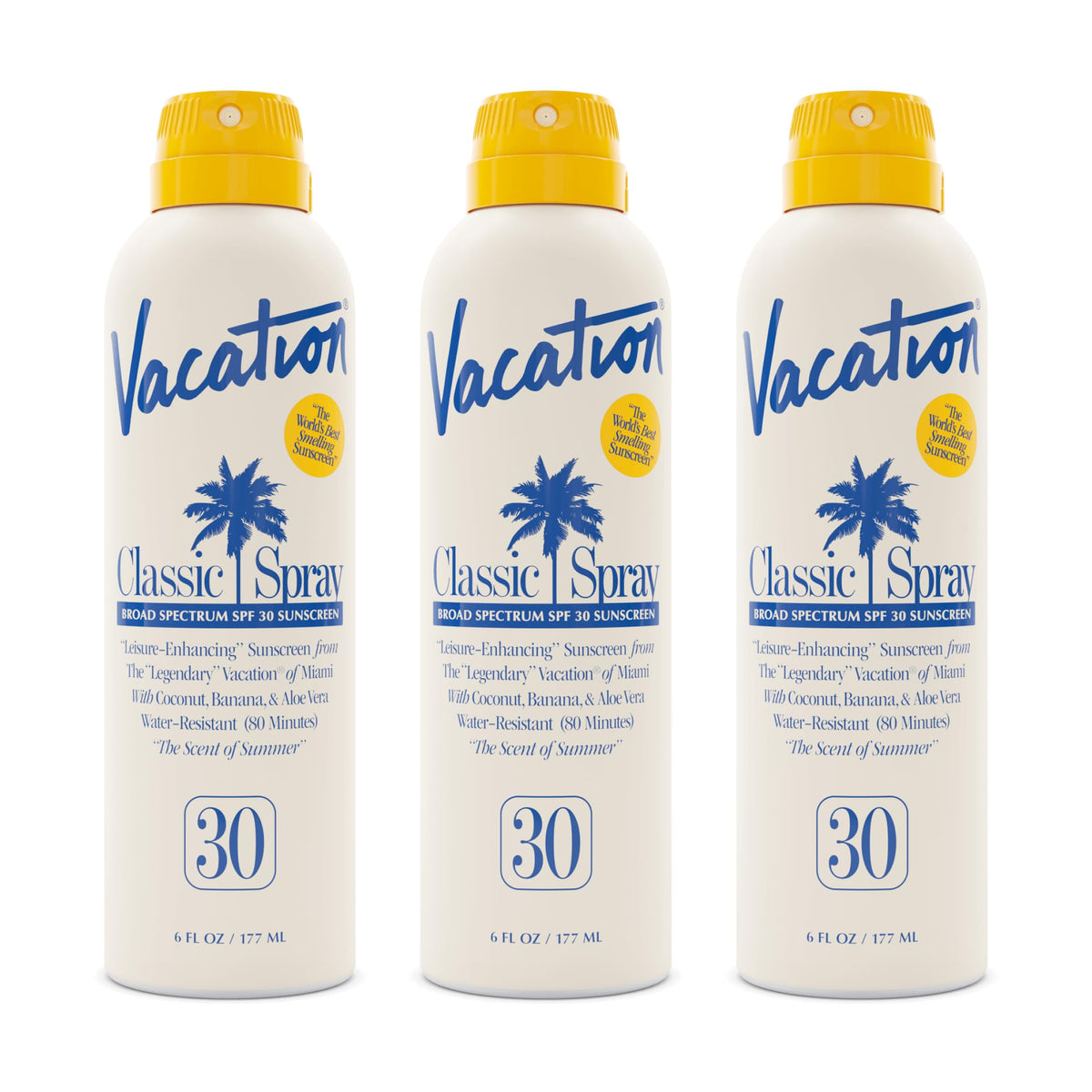 VACATION Classic Sunscreen Spray bottle front with transparent finish for all skin tones.