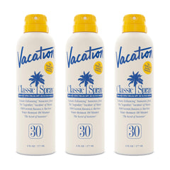 VACATION Classic Sunscreen Spray bottle front with transparent finish for all skin tones.