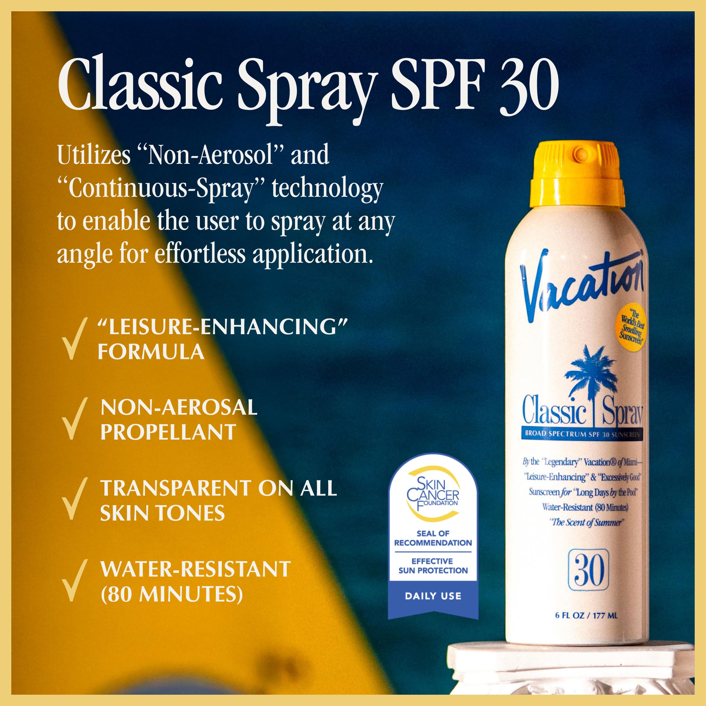 VACATION Classic Sunscreen Spray side view highlights a light, non-greasy feel.