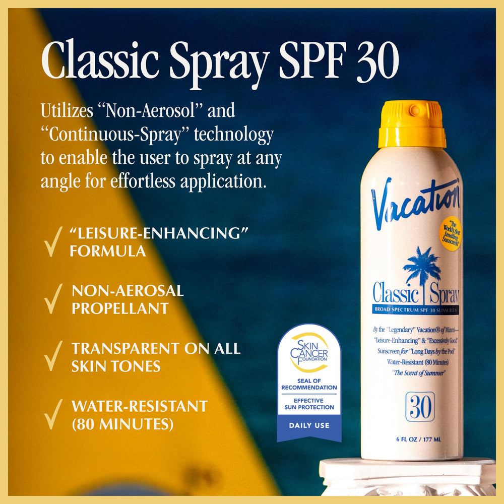 VACATION Classic Sunscreen Spray side view highlights a light, non-greasy feel.