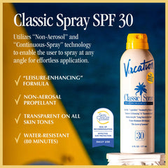 VACATION Classic Sunscreen Spray side view highlights a light, non-greasy feel.