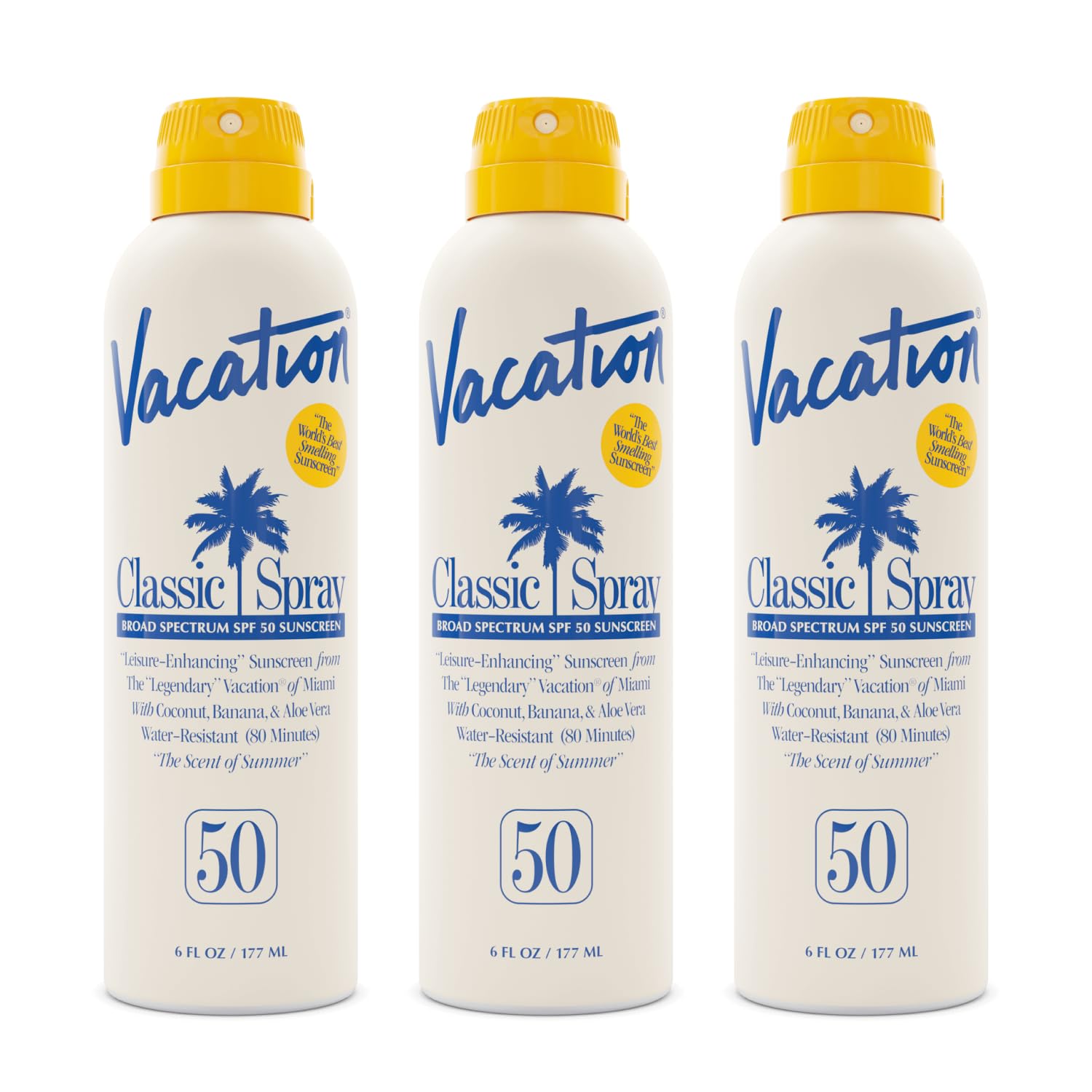Vacation Classic Sunscreen Spray SPF 50 bottle front shows a transparent finish on skin