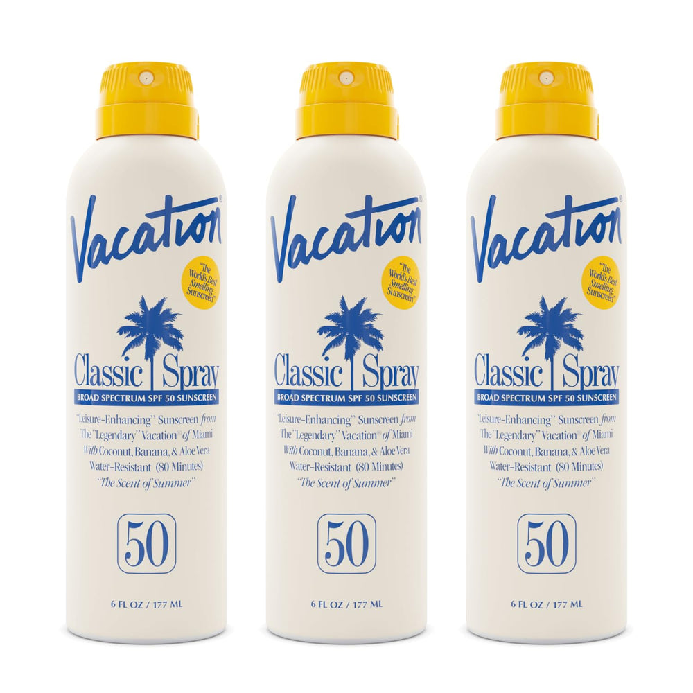Vacation Classic Sunscreen Spray SPF 50 bottle front shows a transparent finish on skin