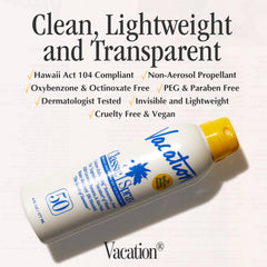 Vacation Classic Sunscreen Spray SPF 50 logo close-up emphasizes vegan, dermatologist-tested formulation