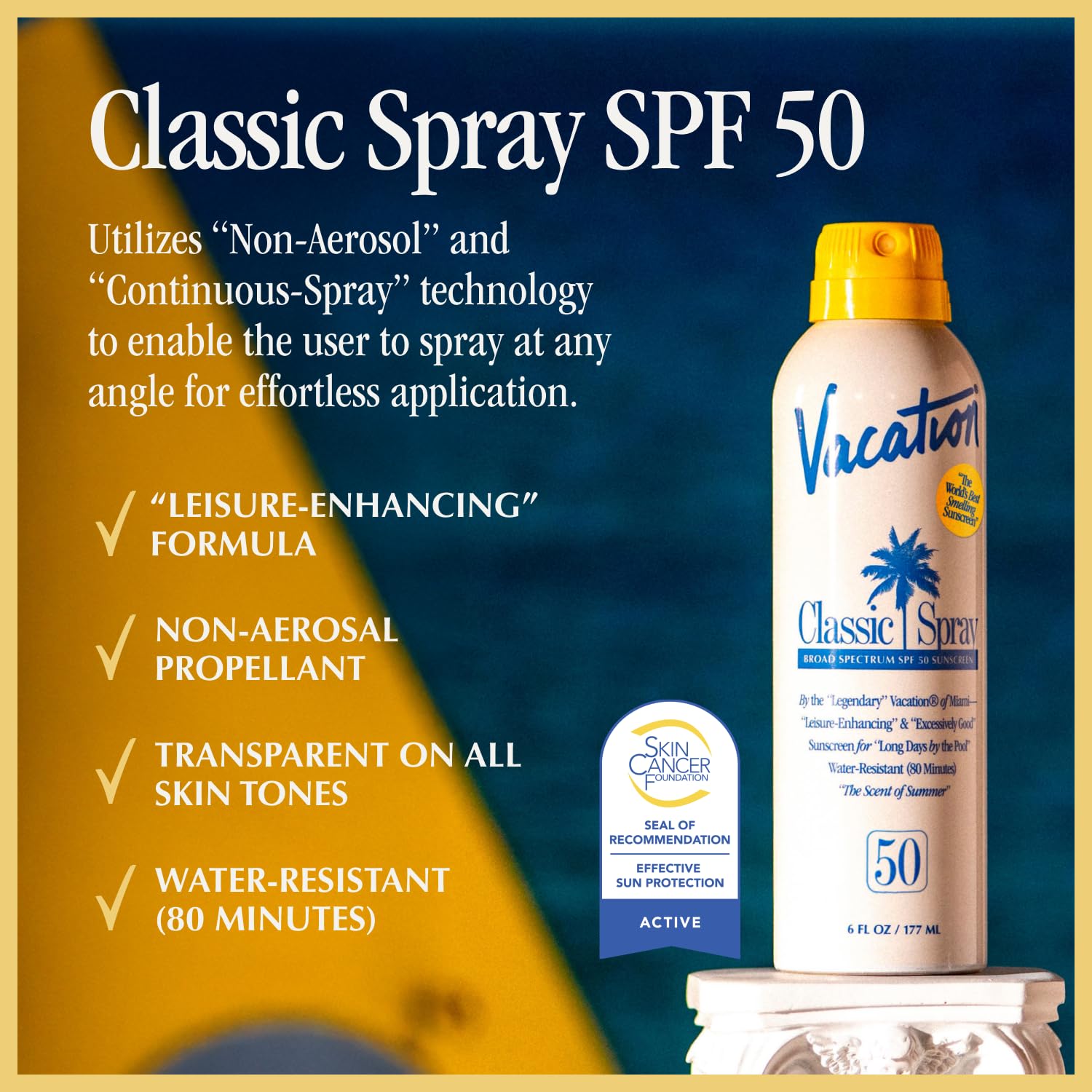 Vacation Classic Sunscreen Spray SPF 50 used upside down for easy, even coverage