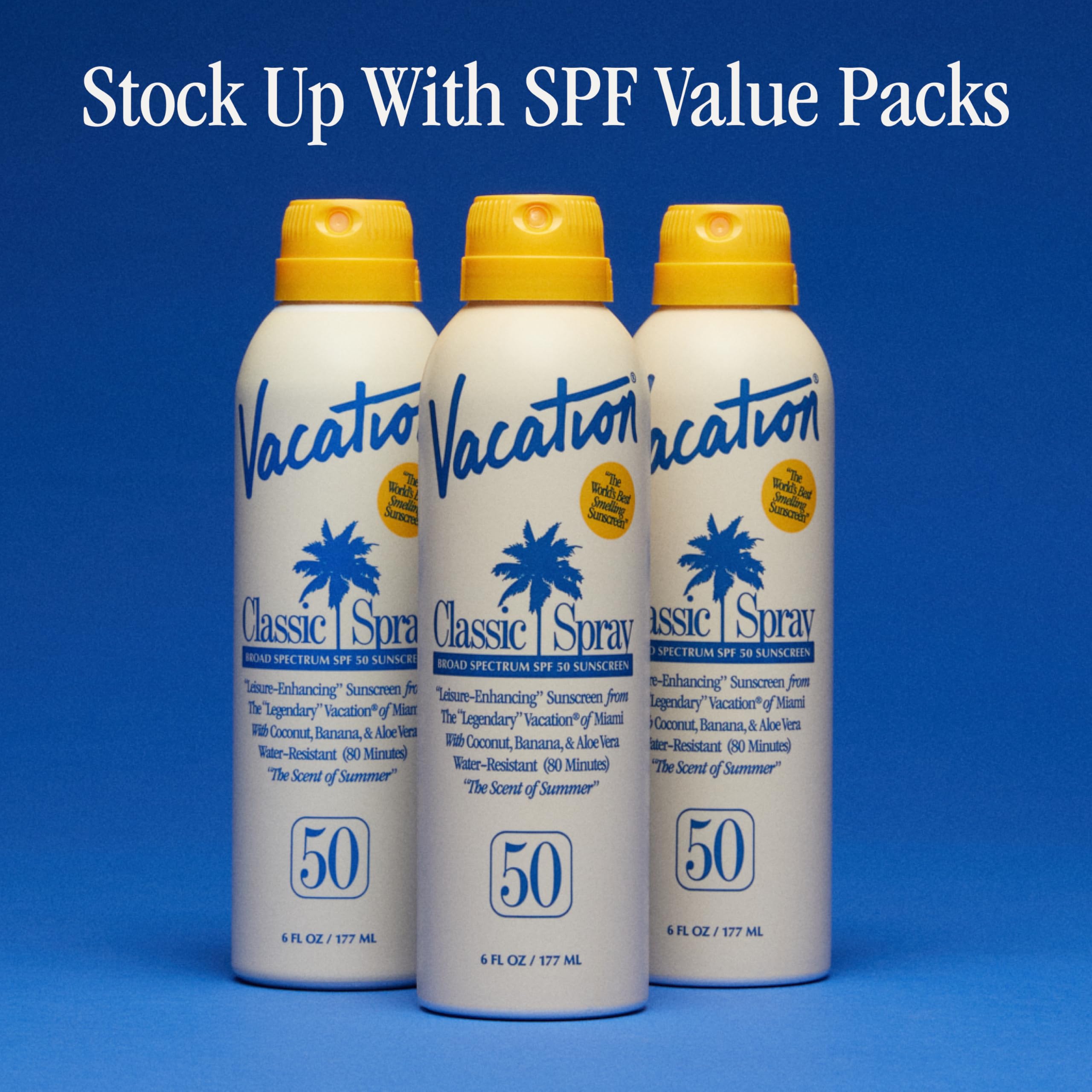 Vacation Classic Sunscreen Spray SPF 50 water-resistance test clip shows 80-minute claim