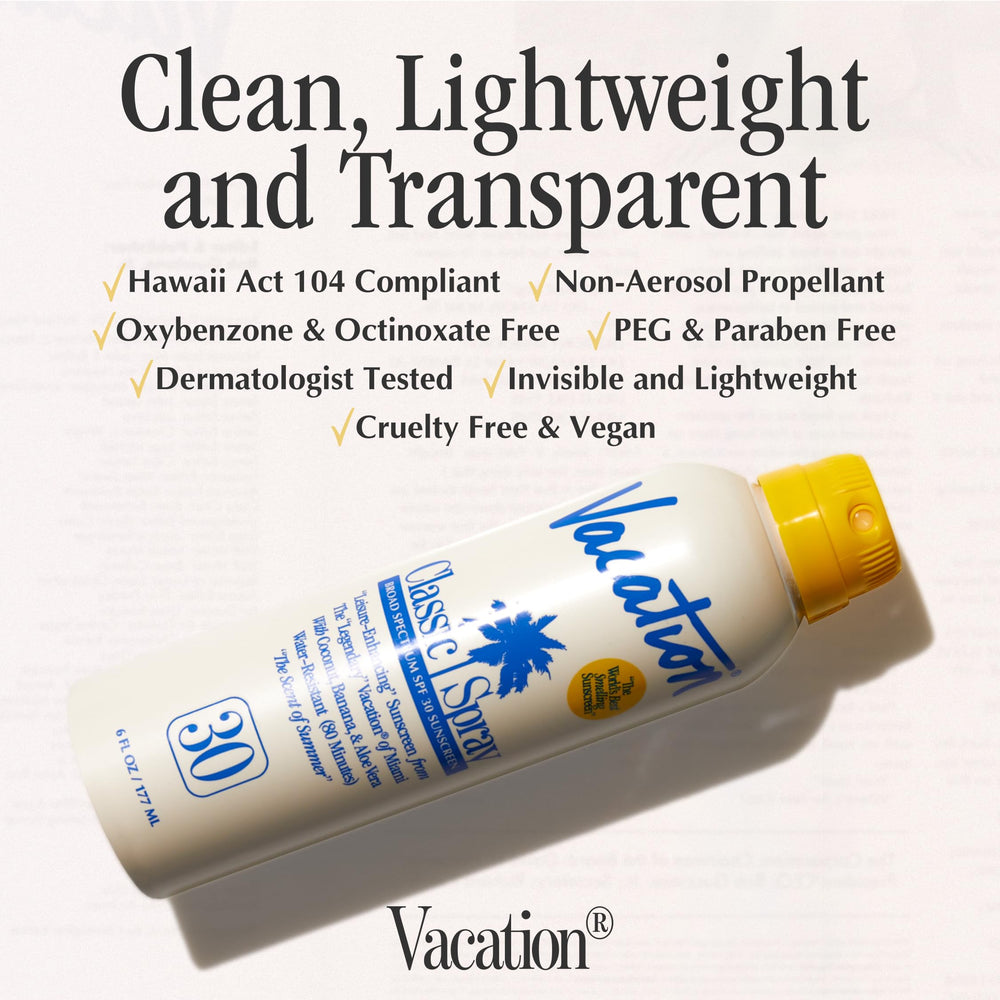 Vacation Classic sunscreen spray on sun-kissed skin with transparent finish