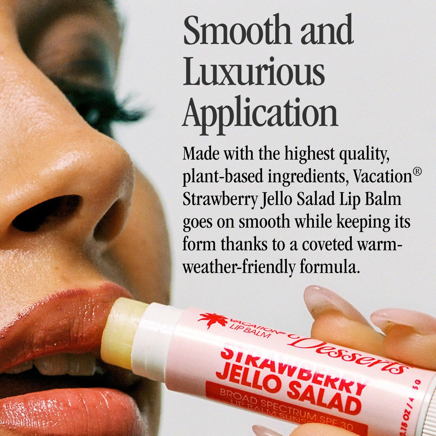 Vacation lip balm with coconut oil, cocoa butter, and aloe vera for nourishment.