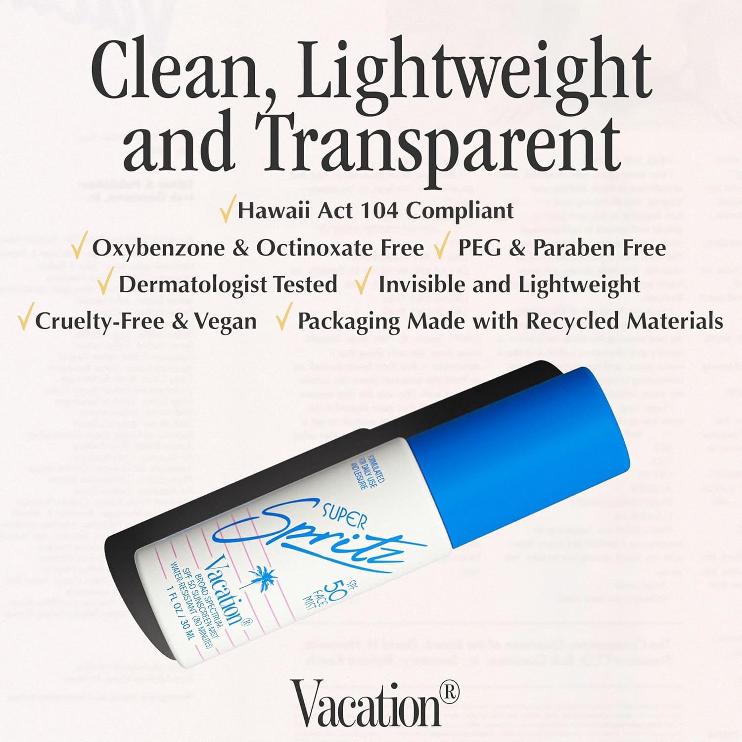 Vacation Mini Super Spritz SPF 50 transparent on skin for all tones