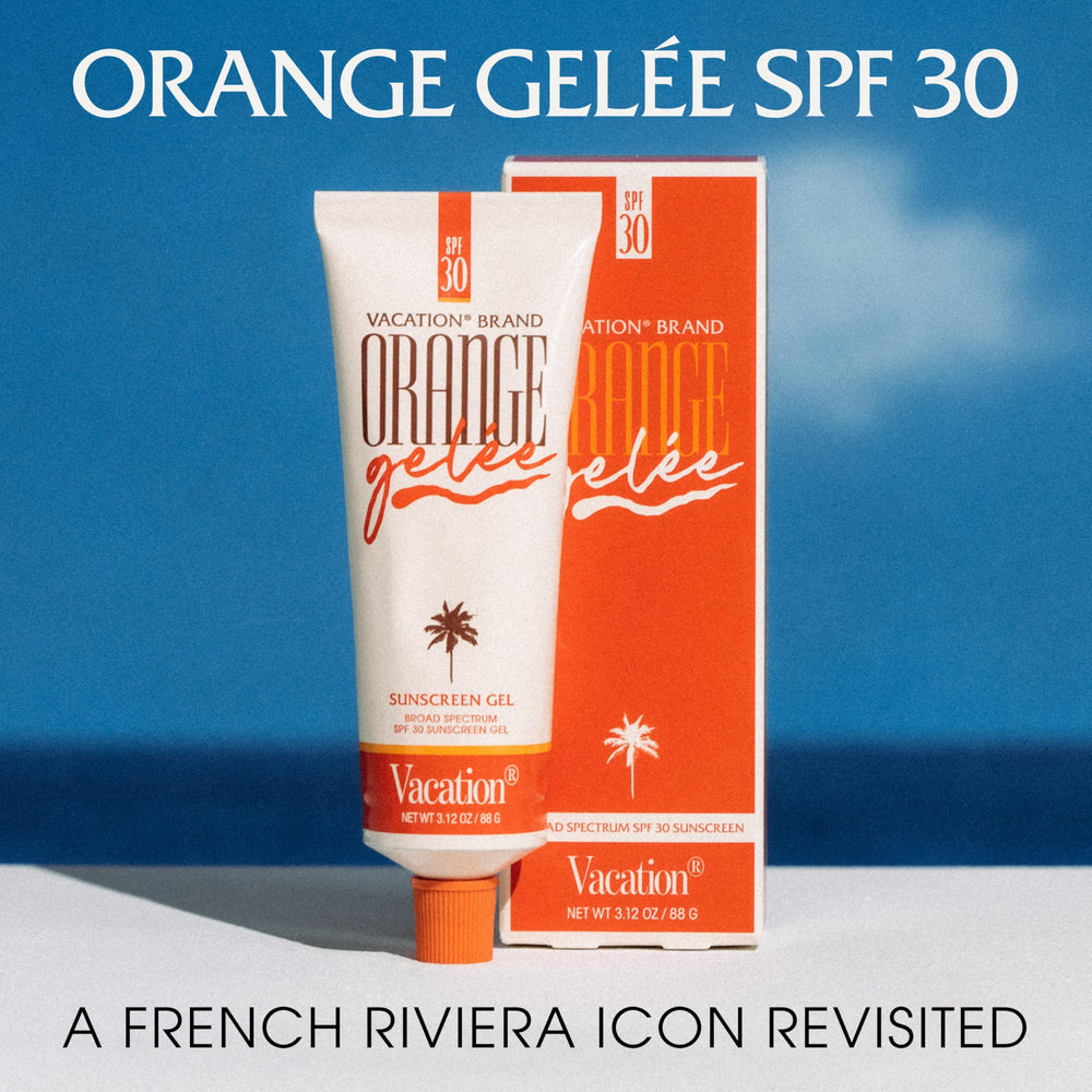 Vacation Orange Gelée SPF 30 label indicates mineral-oil-free sun protection.
