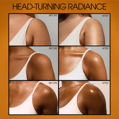 VACATION Shimmer Oil SPF 30 gold flecks on skin for glow.