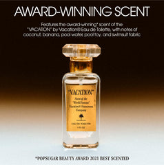 VACATION Shimmer Oil SPF 30 liquid gold close-up showing shimmer texture.