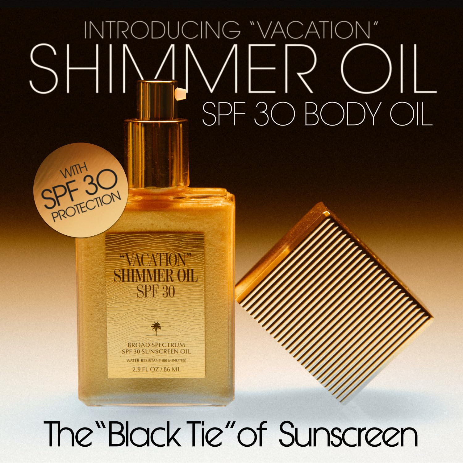 VACATION Shimmer Oil SPF 30 side label on compact travel packaging.
