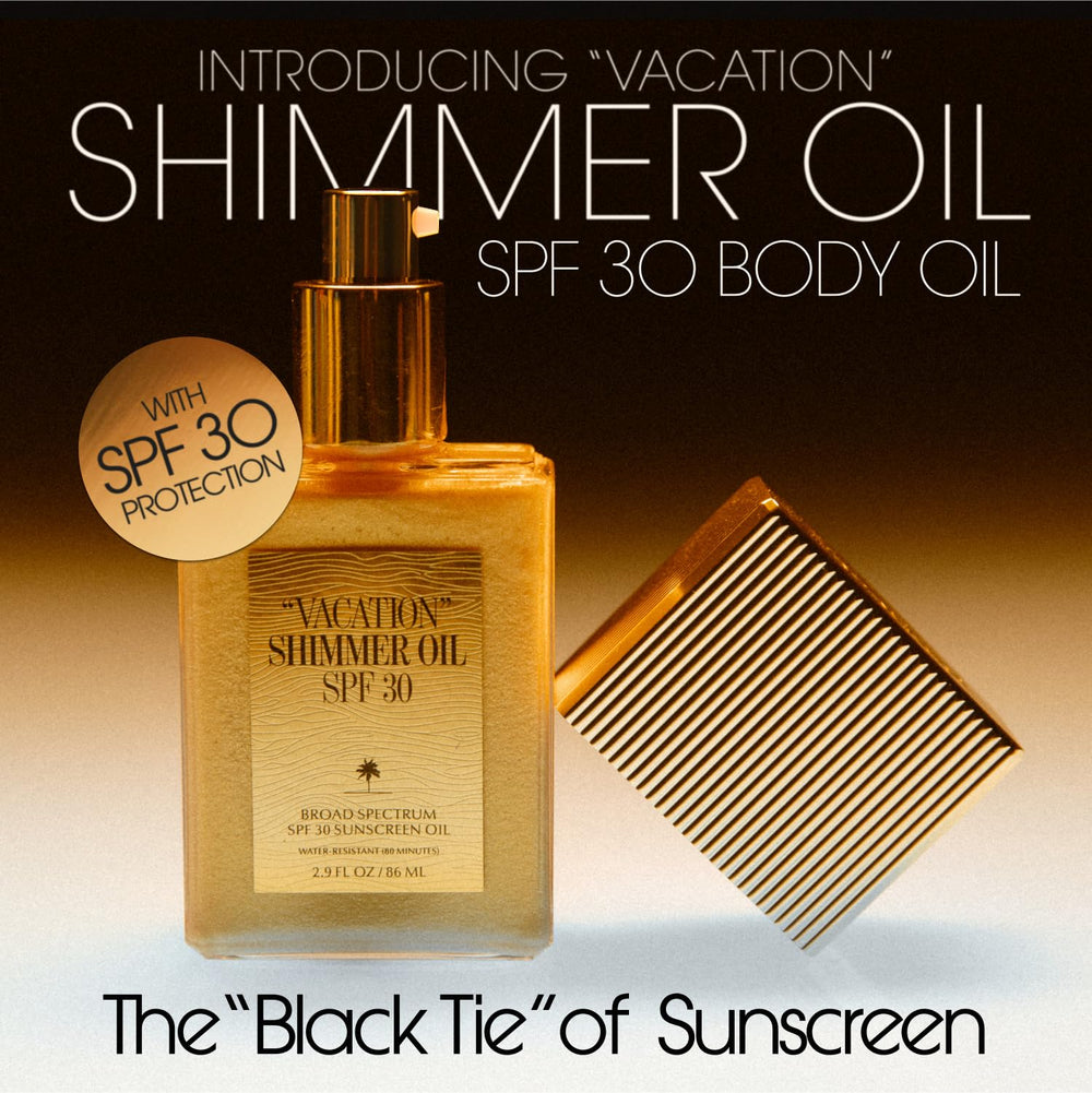 VACATION Shimmer Oil SPF 30 side label on compact travel packaging.
