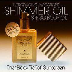 VACATION Shimmer Oil SPF 30 side label on compact travel packaging.
