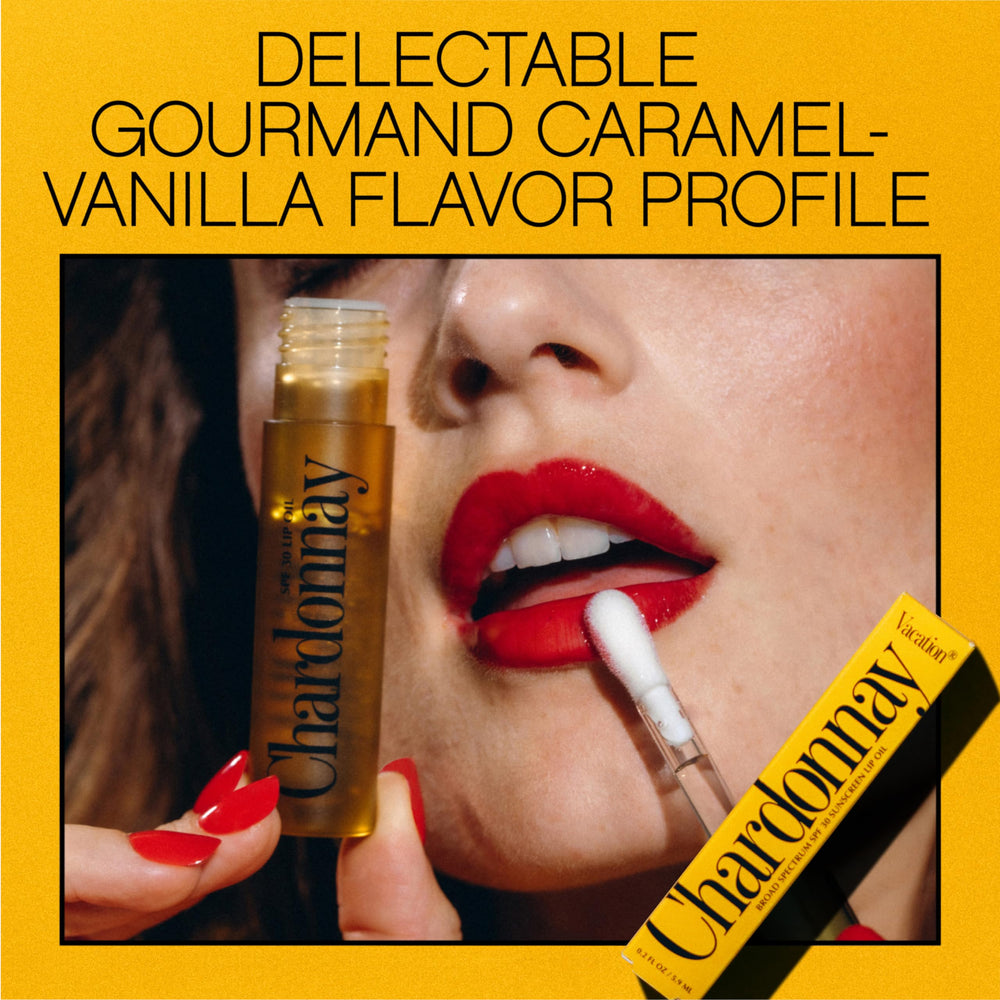 Vacation Lip Oil packaging image shows vegan, cruelty-free formula.