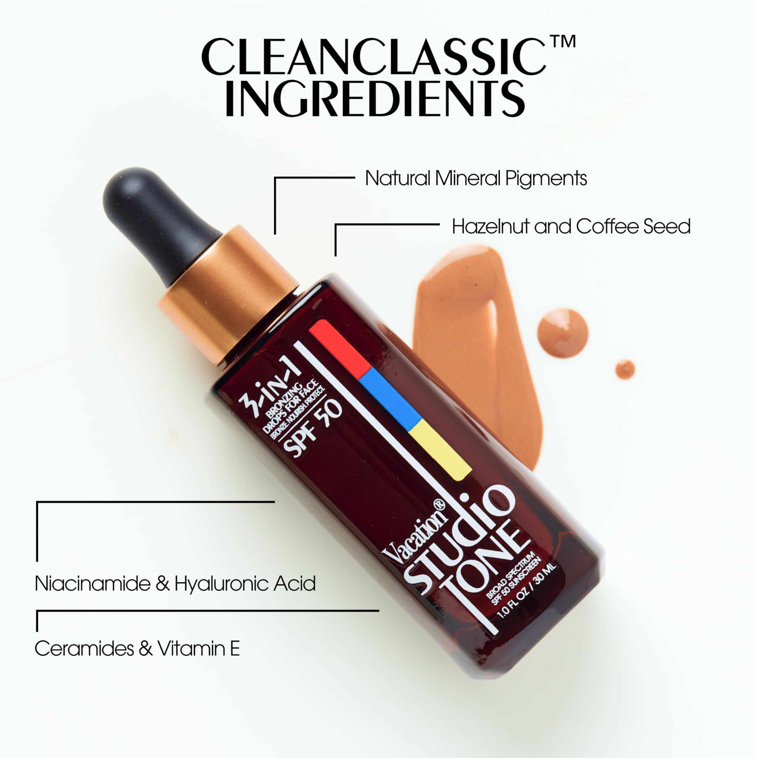 Vacation Studio Tone hyaluronic acid and niacinamide boost hydration and pore management.