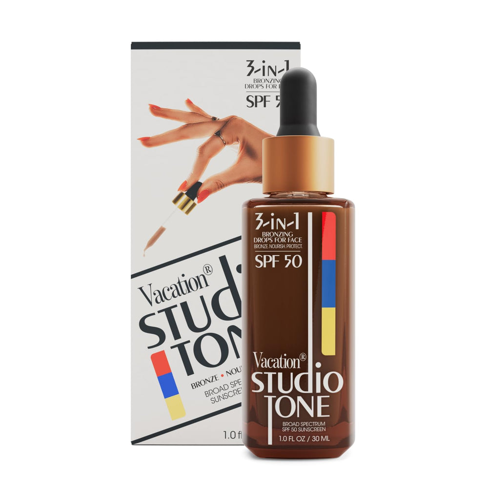 Vacation Studio Tone SPF 50 bottle close-up showing radiant protection for daily wear.
