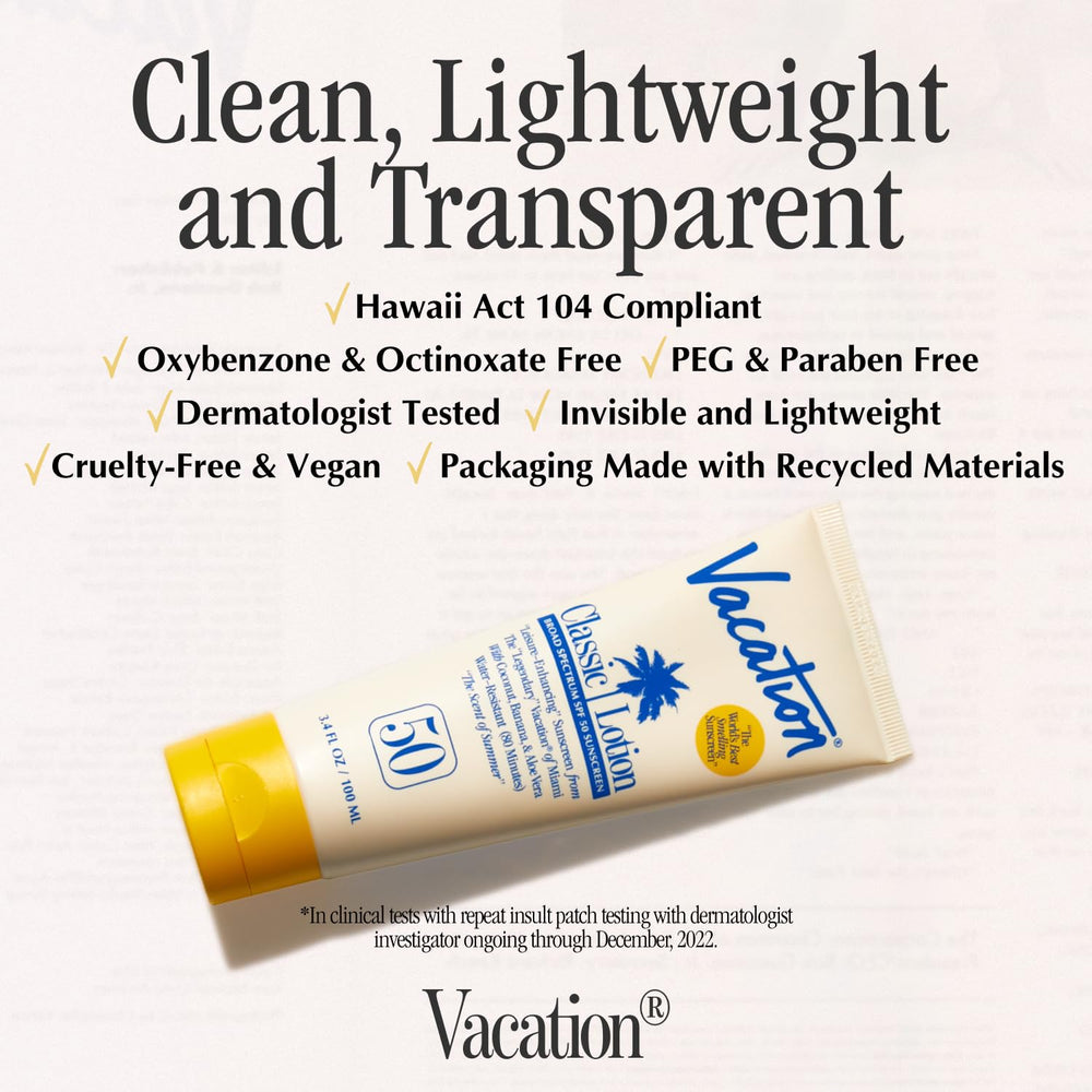 Vacation Sunscreen Lotion bottle demonstrates no white cast on all skin tones