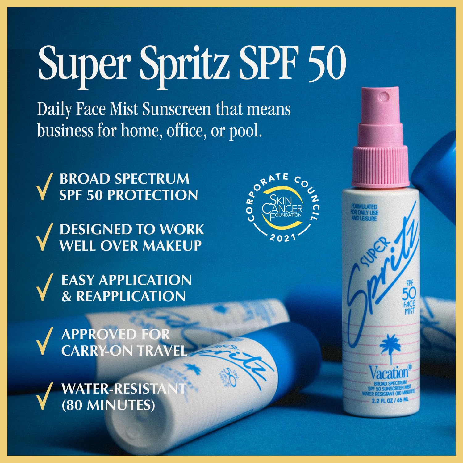 Close-up of the fine mist spray for quick-dry, makeup-friendly finish by Vacation Super Spritz.