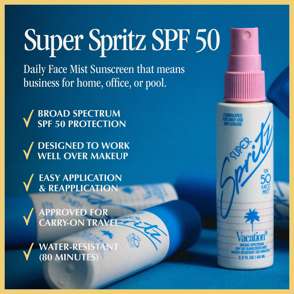 Close up of Vacation Super Spritz SPF 50 mist dispensing from a fine spray