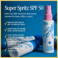 Close up of Vacation Super Spritz SPF 50 mist dispensing from a fine spray