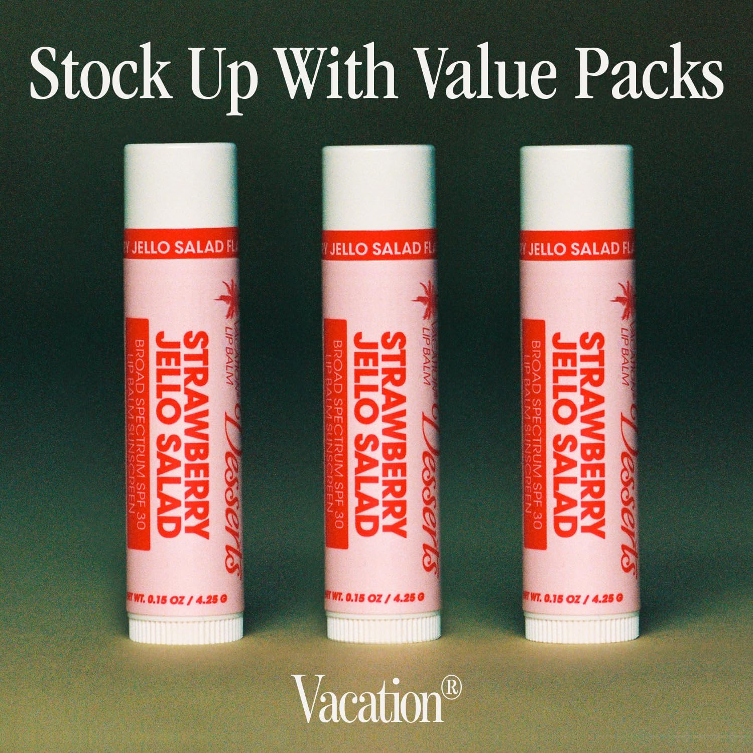 Vacation vegan beeswax-free lip balm with plant-based ingredients.