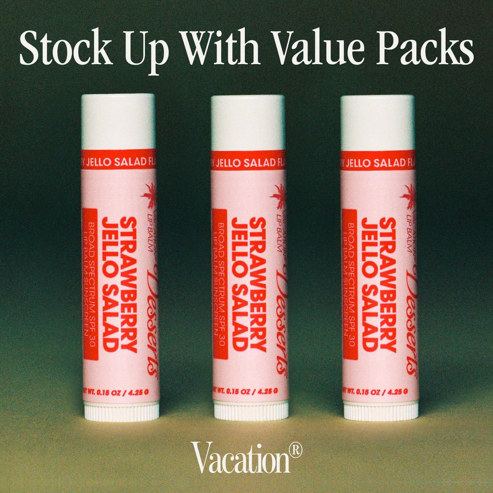 Vacation vegan beeswax-free lip balm with plant-based ingredients.