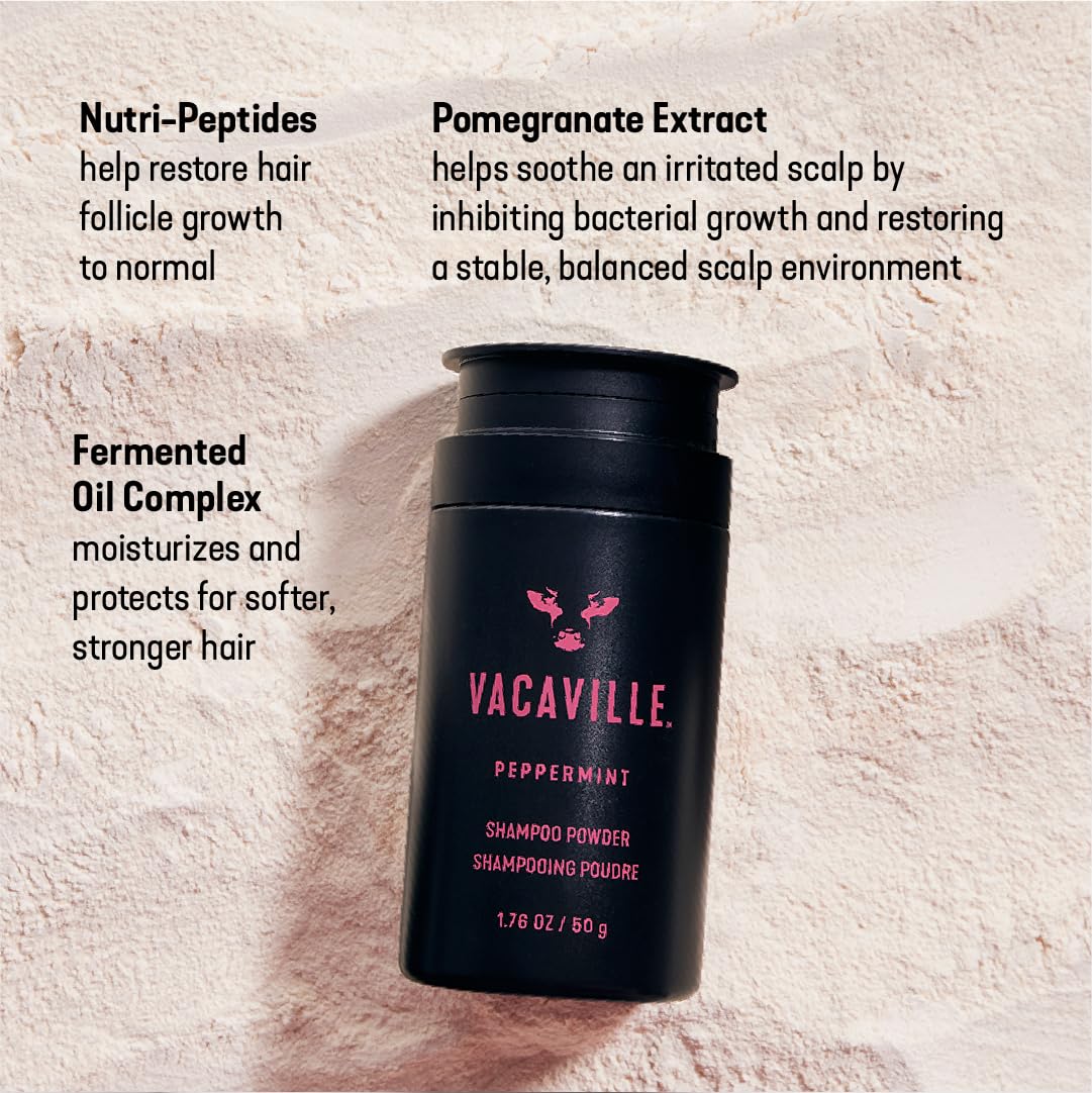 Vacaville Peppermint Powder Conditioner bottle for hydration and shine.