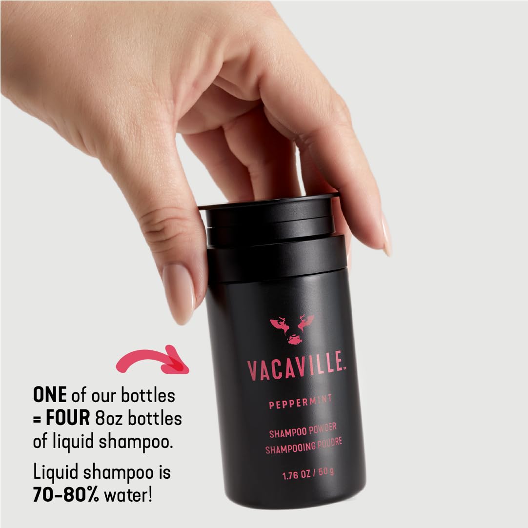 Vacaville Peppermint Powder Shampoo on wet palm activates lather for travel-ready cleansing