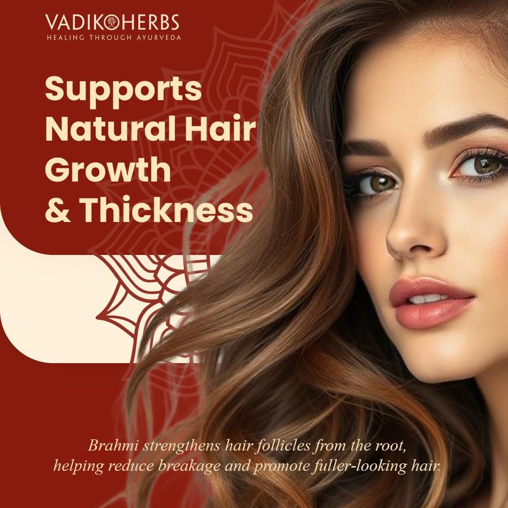 Vadik Herbs Brahmi Oil label closeup emphasizes natural formula for hair care