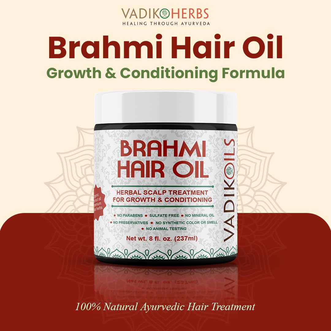 Vadik Herbs Brahmi Oil pour showing rosemary infusion for conditioning