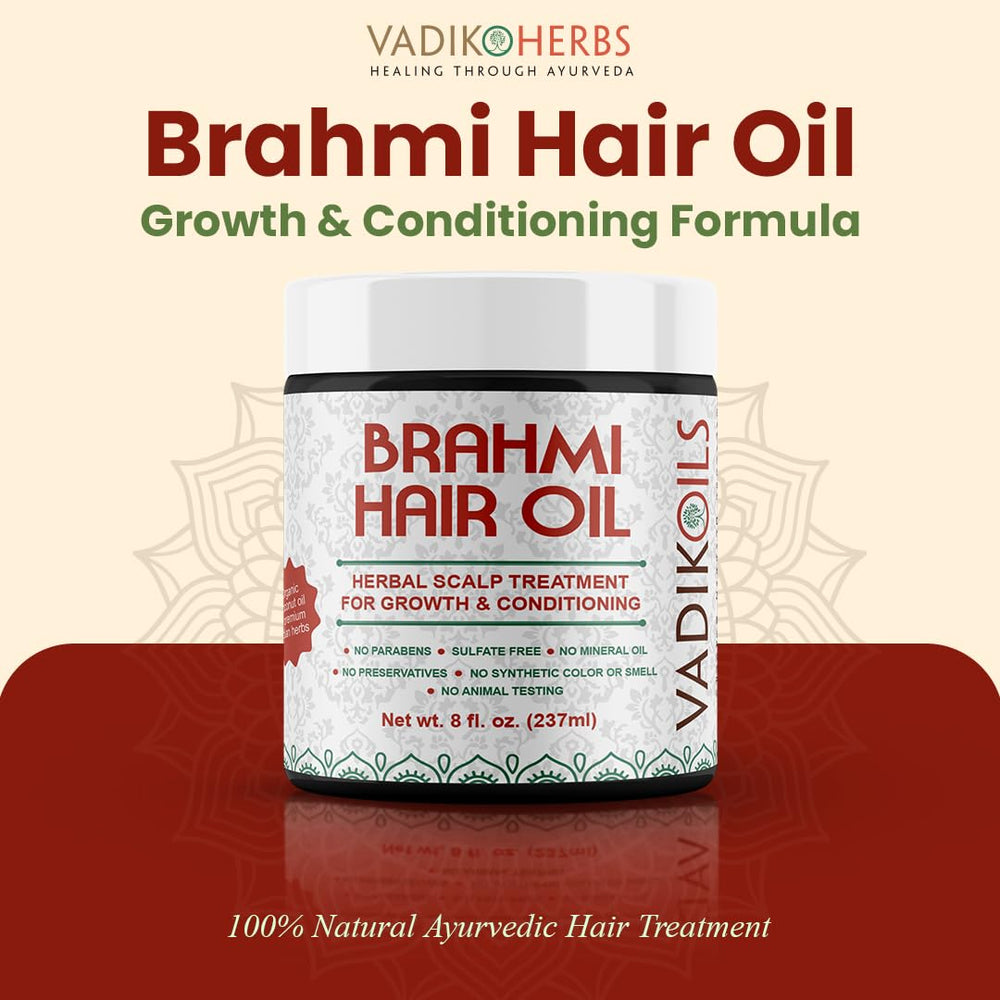 Vadik Herbs Brahmi Oil pour showing rosemary infusion for conditioning