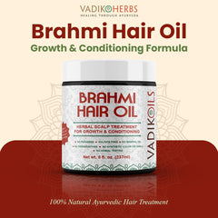 Vadik Herbs Brahmi Oil pour showing rosemary infusion for conditioning