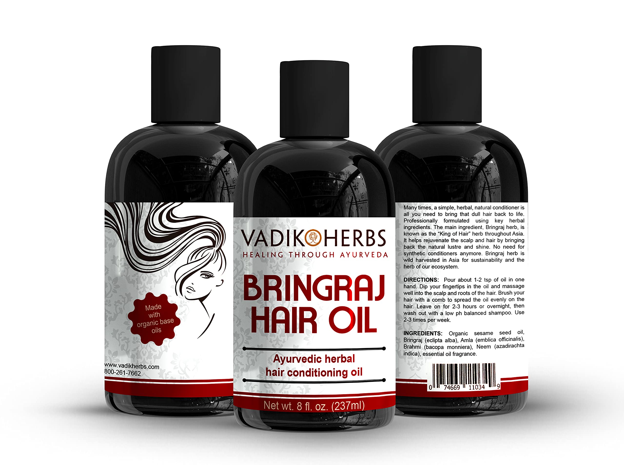 Vadik Herbs Bringraj Oil label closeup highlights premium ingredients supporting hair vitality.