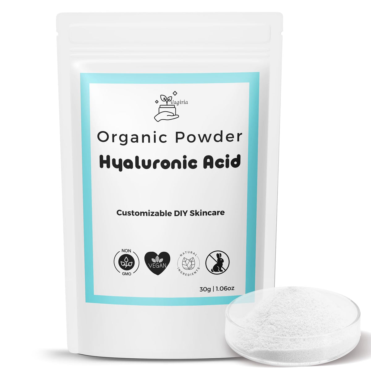 Vagiria Hyaluronic Acid Powder packaging signals premium purity for DIY skincare.