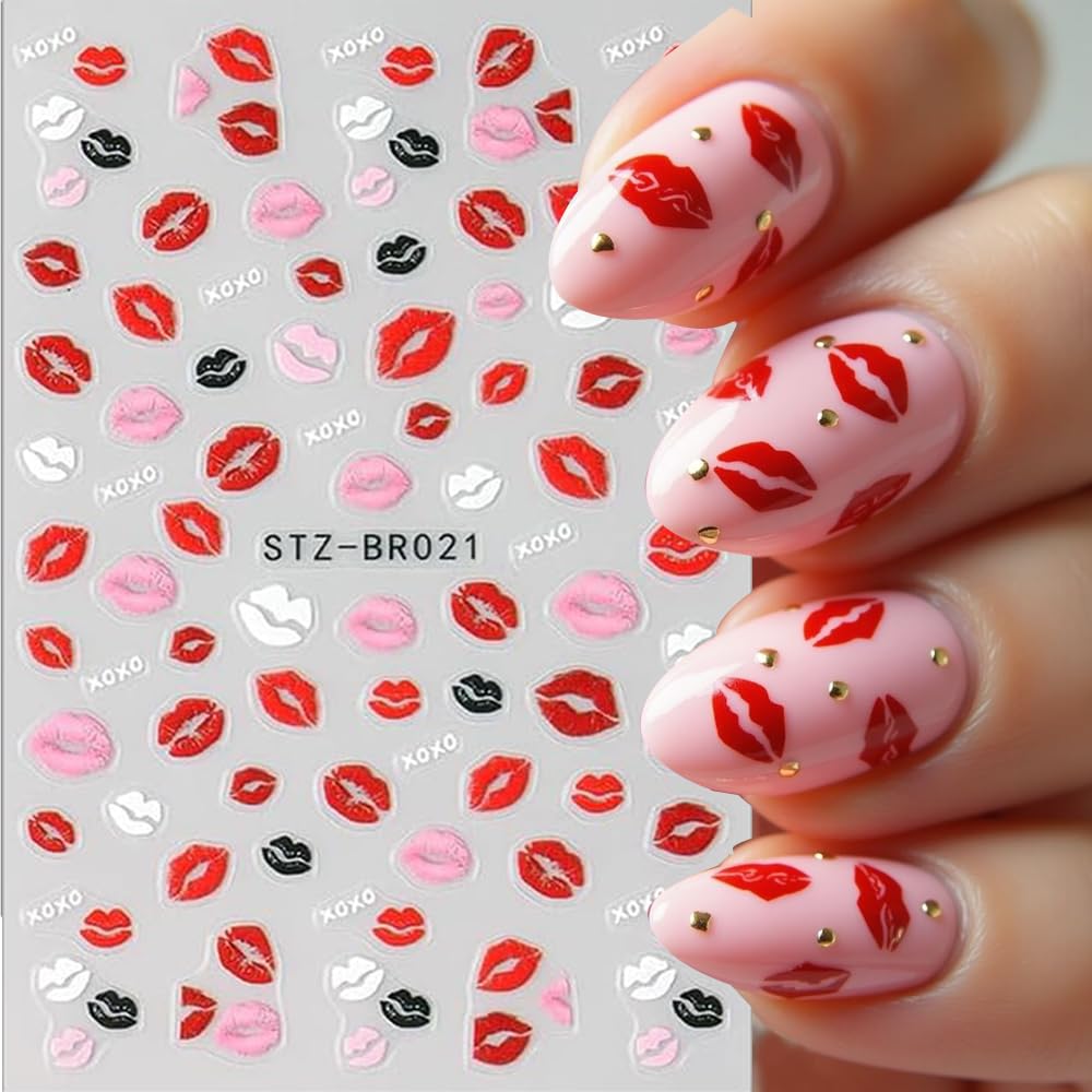 Valentines nail stickers with pink love motifs for cute nail art.