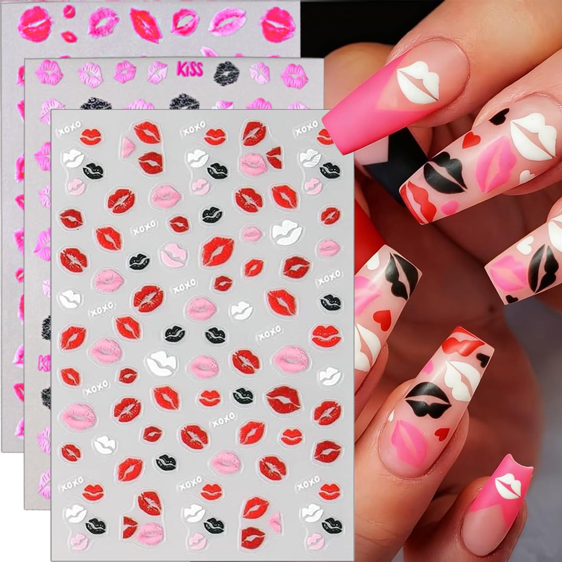 Valentines nail stickers with red lips design for quick DIY manicure.