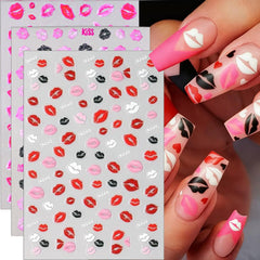 Valentines nail stickers with red lips design for quick DIY manicure.