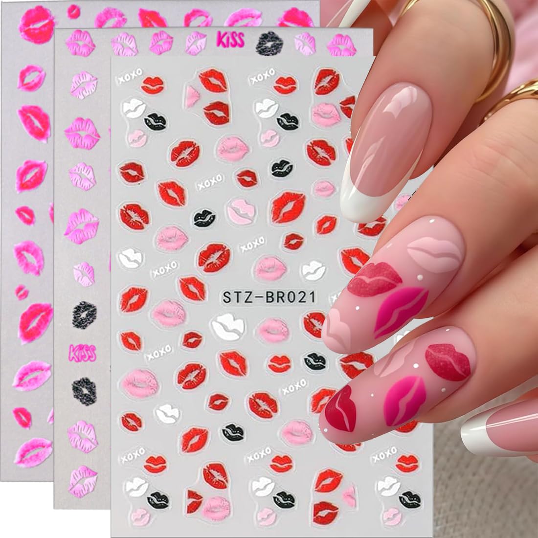 Valentines nail stickers come in a three sheet pack for variety.