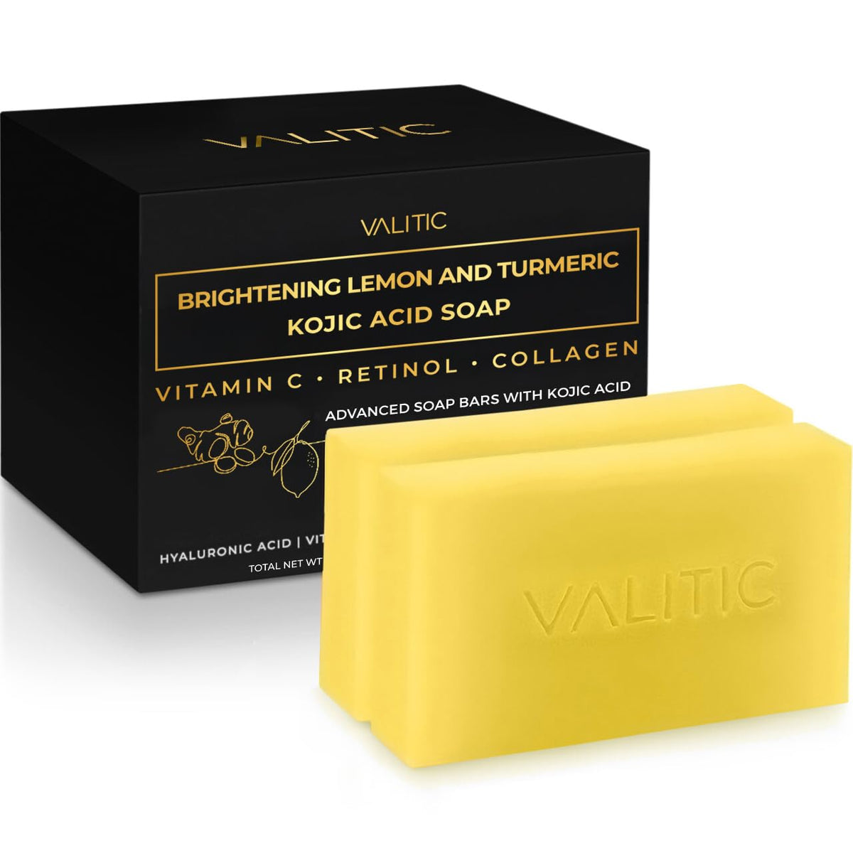 VALITIC brightening lemon and turmeric soap pack shown for daily cleansing and glow