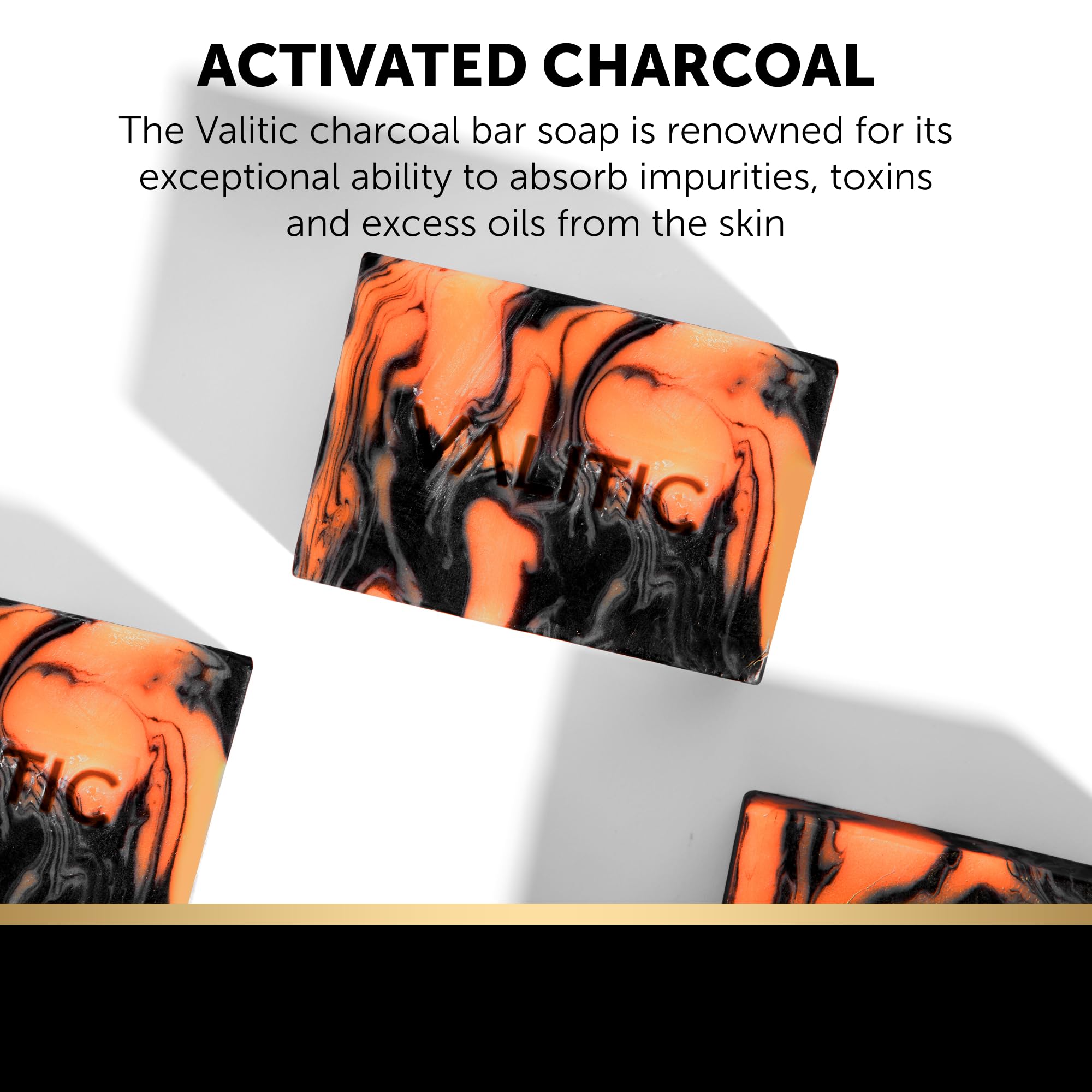 VALITIC Charcoal Kojic Turmeric Bar closeup highlights charcoal texture for cleansing