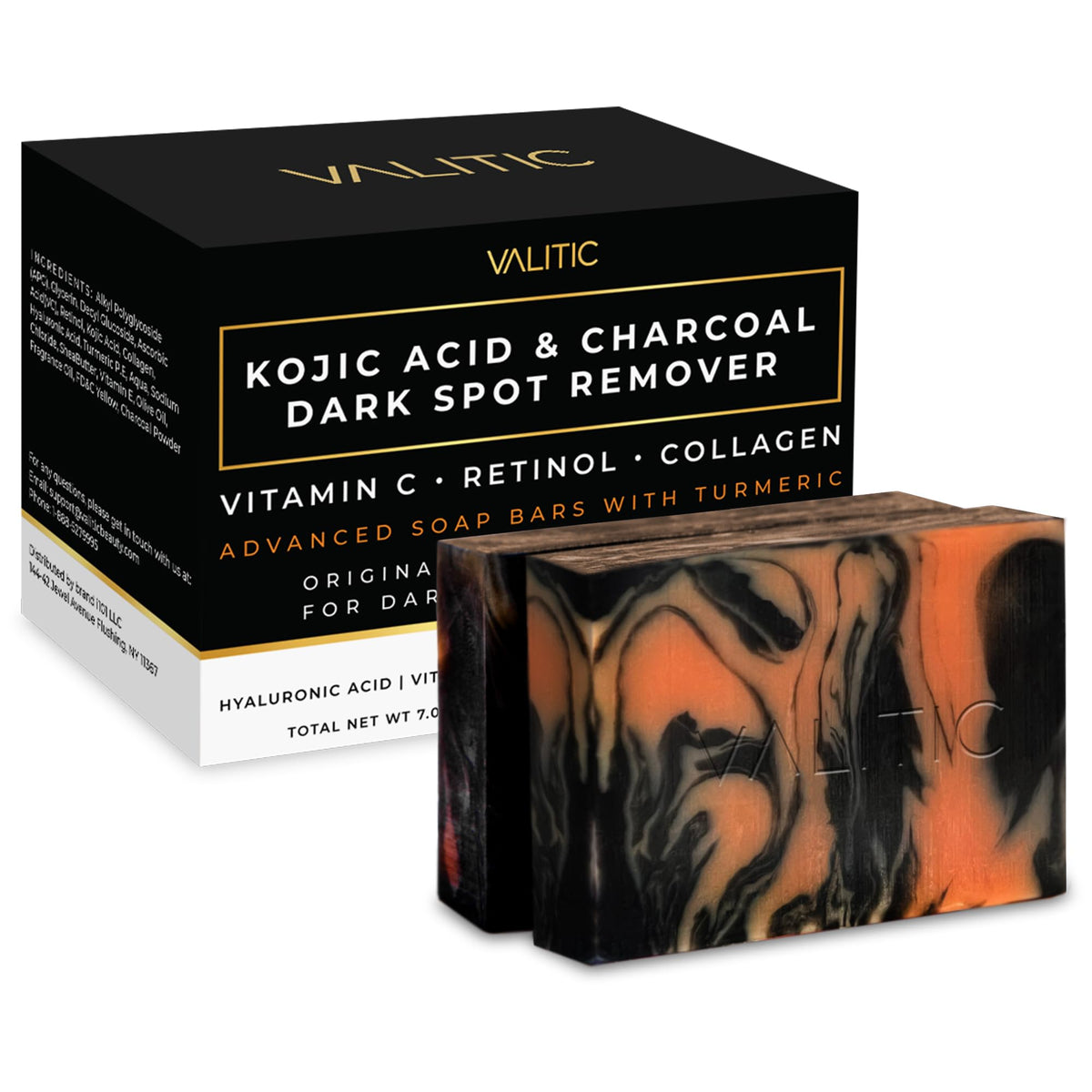 VALITIC Charcoal Kojic Turmeric Bar packaging shows vegan, cruelty-free cleanser for face and body