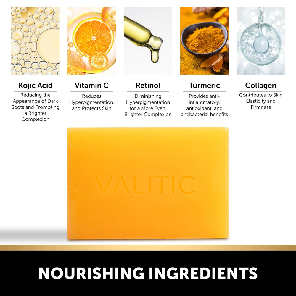 VALITIC Ingredient blend featuring kojic acid, turmeric, collagen for nourishment.