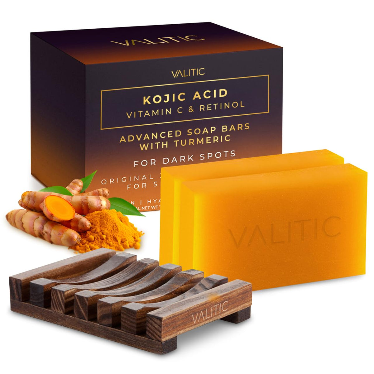 VALITIC Kojic soap bar close-up with turmeric swirl for brighter skin texture