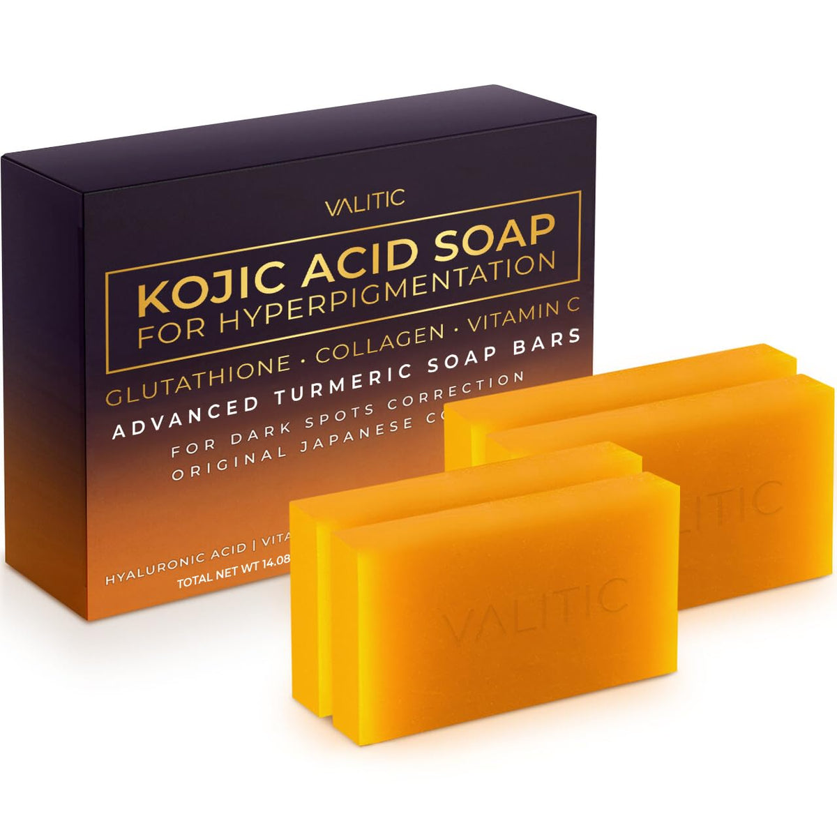 VALITIC Kojic Acid Soap packaging shown for daily easy use and even-toned skin.