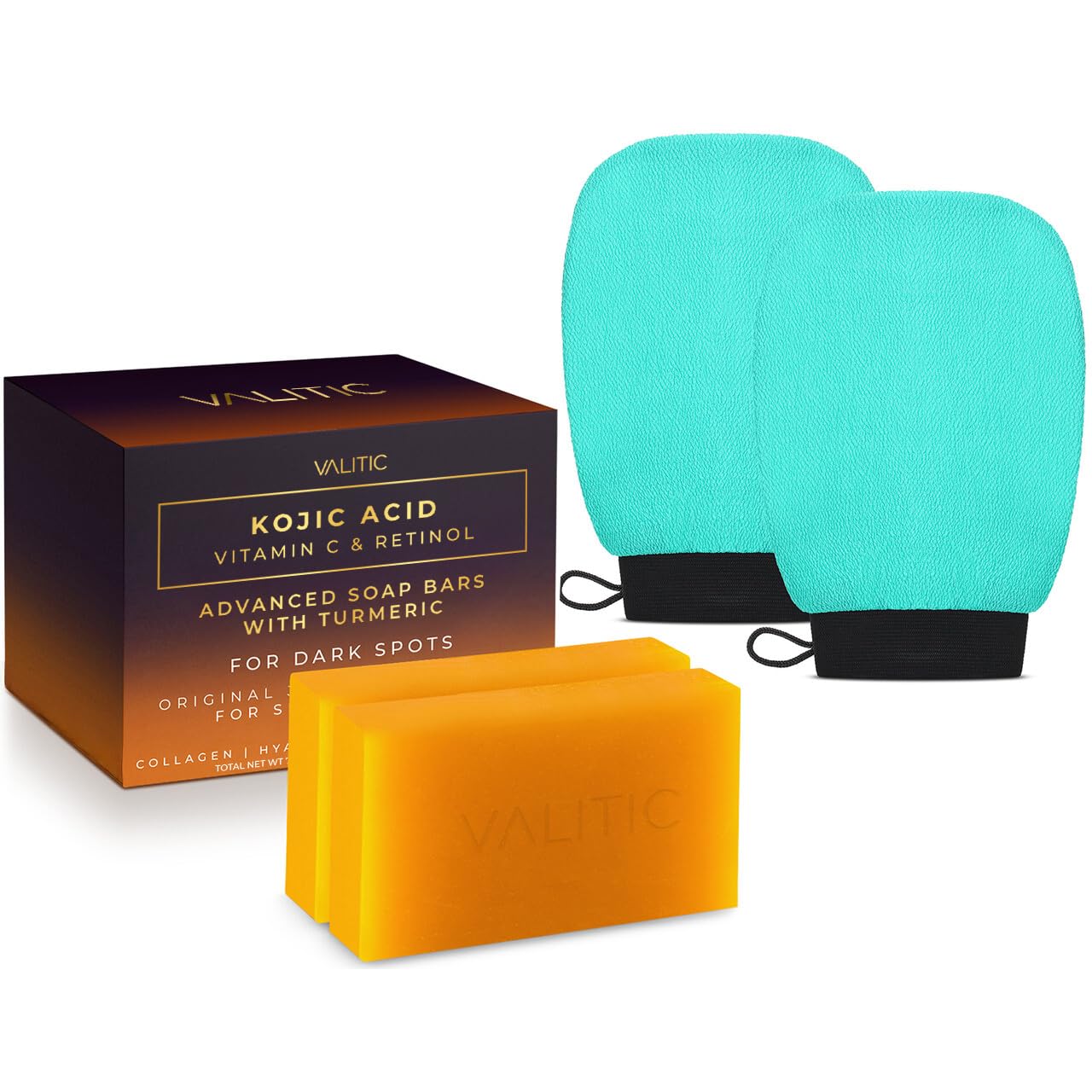 VALITIC Kojic soap bars bundle close-up highlighting brightening ingredients for radiant skin.