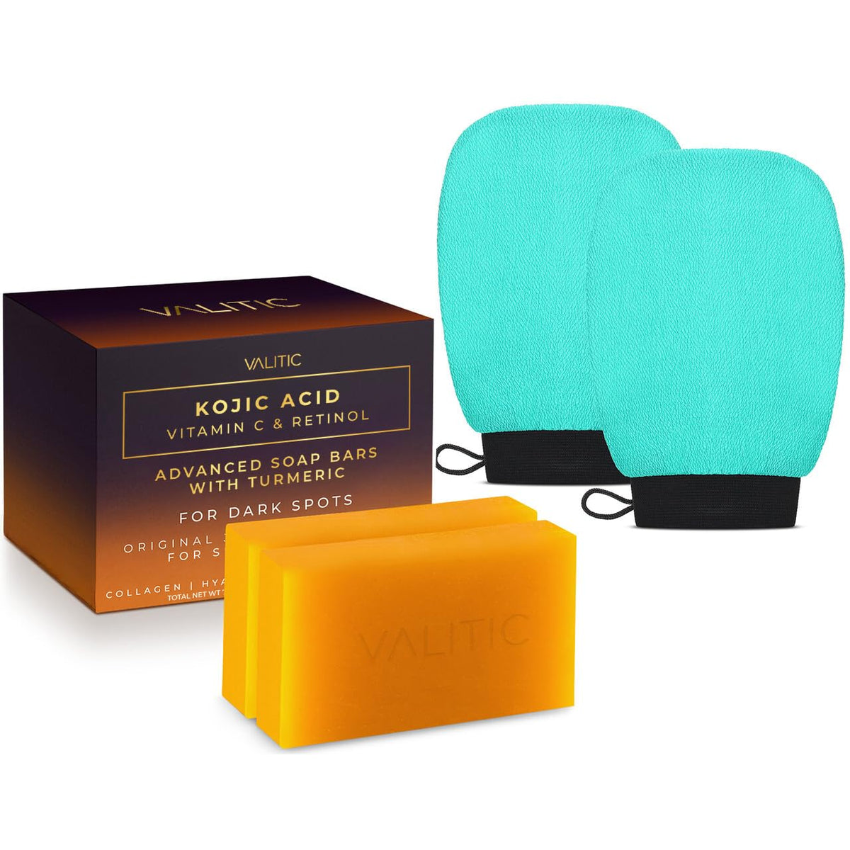 VALITIC Kojic soap bars bundle close-up highlighting brightening ingredients for radiant skin.