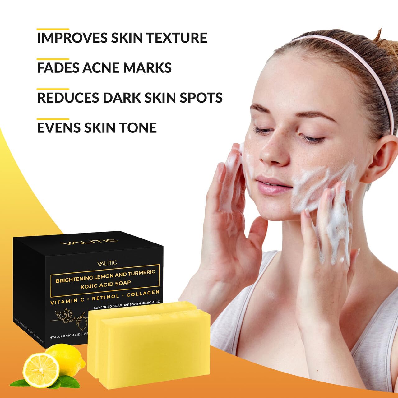 VALITIC lemon turmeric soap closeup highlights texture and rich lather